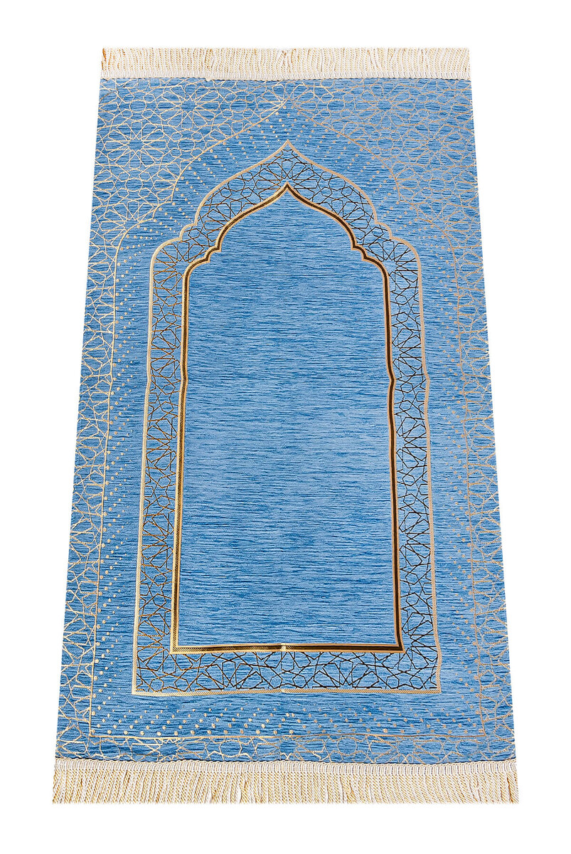 Mihrab Patterned Lined Chenille Prayer Rug - Blue - 1