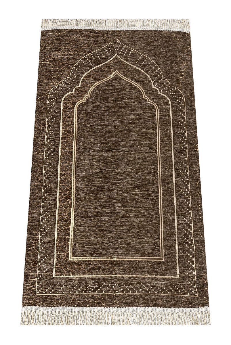 Mihrab Patterned Lined Chenille Prayer Rug - Brown - 1