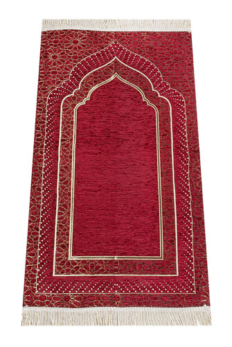 Mihrab Patterned Lined Chenille Prayer Rug - Claret Red - 1