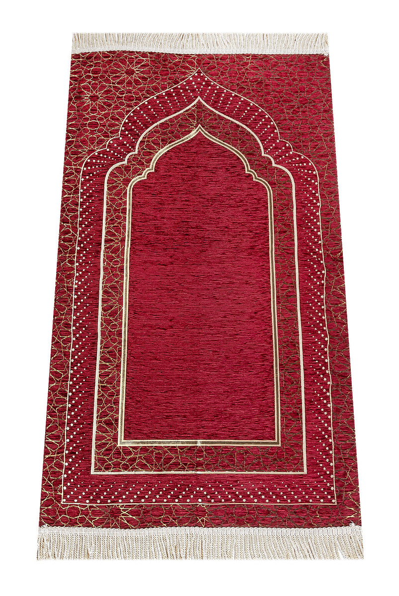 Mihrab Patterned Lined Chenille Prayer Rug - Claret Red - 1