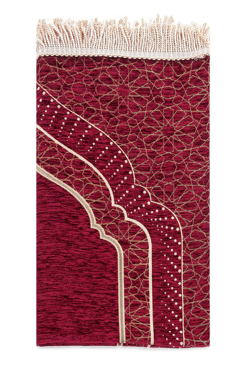 Mihrab Patterned Lined Chenille Prayer Rug - Claret Red - 2