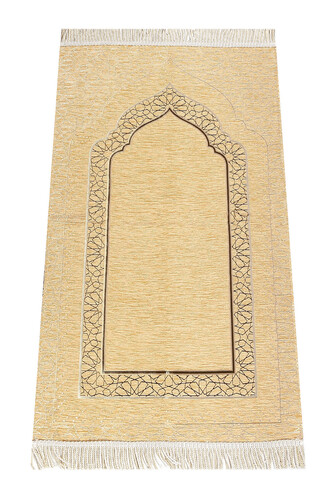 Mihrab Patterned Lined Chenille Prayer Rug - Gold - 1