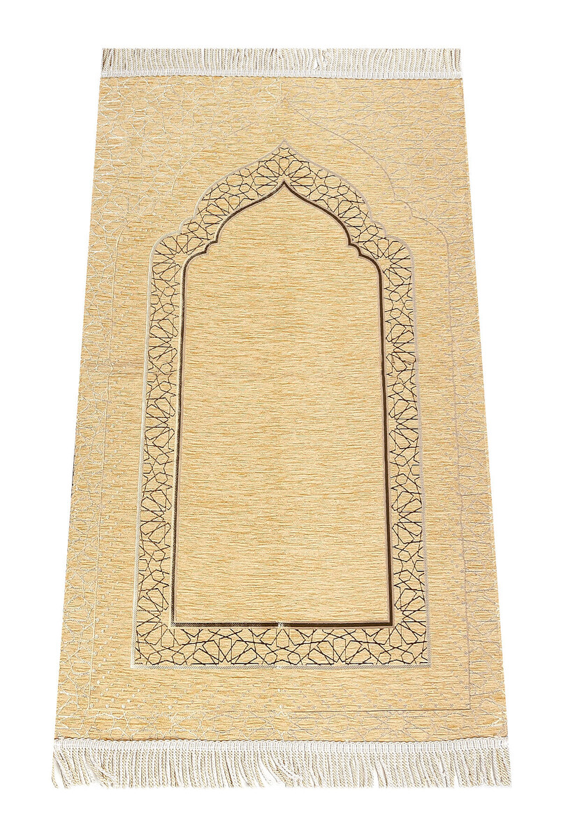 Mihrab Patterned Lined Chenille Prayer Rug - Gold - 1