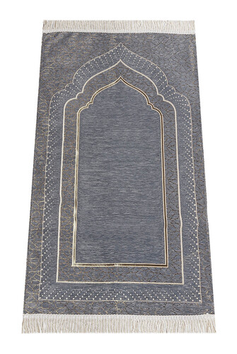 Mihrab Patterned Lined Chenille Prayer Rug - Gray - 1