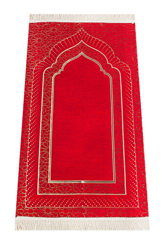 Mihrab Patterned Lined Chenille Prayer Rug - Red - 1