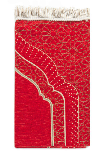 Mihrab Patterned Lined Chenille Prayer Rug - Red - 2