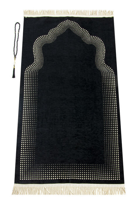 Mihrab Patterned Plain Chenille Prayer Rug Black - 1