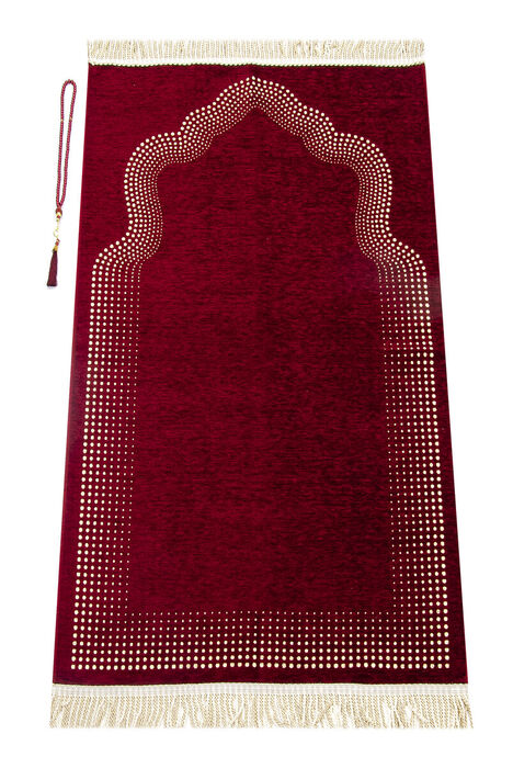 Mihrab Patterned Plain Chenille Prayer Rug Claret Red - 1