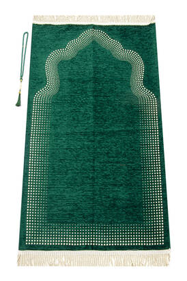 Mihrab Patterned Plain Chenille Prayer Rug Green - 1