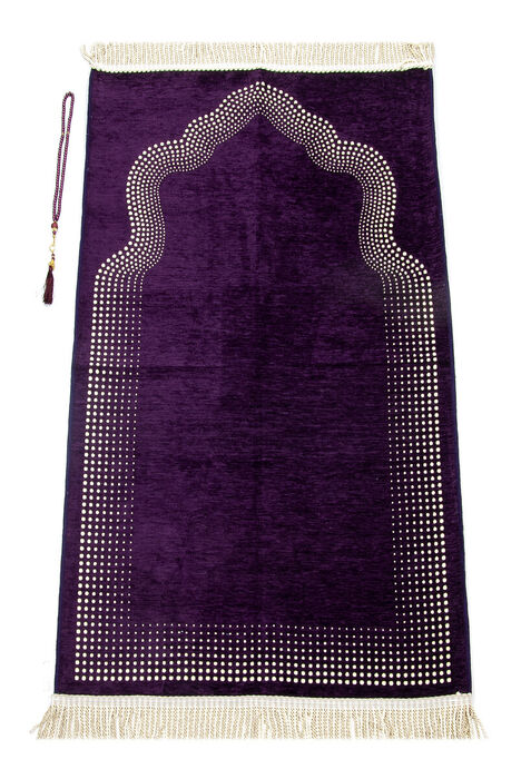 Mihrab Patterned Plain Chenille Prayer Rug Purple - 1