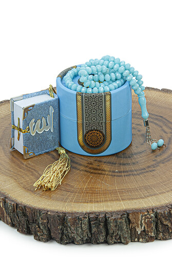 Mini Cylinder Boxed Gift Quran Set with Prayer Beads for Mevlüt Blue - 1