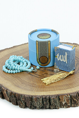 Mini Cylinder Boxed Gift Quran Set with Prayer Beads for Mevlüt Blue - 2