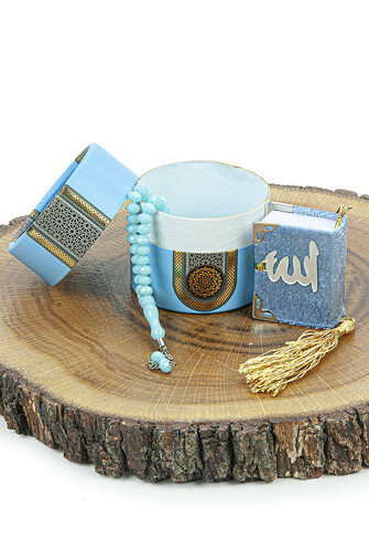 Mini Cylinder Boxed Gift Quran Set with Prayer Beads for Mevlüt Blue - 3