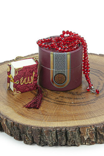 Mini Cylinder Boxed Gift Quran Set with Prayer Beads for Mevlüt Claret Red - 1