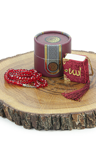 Mini Cylinder Boxed Gift Quran Set with Prayer Beads for Mevlüt Claret Red - 2