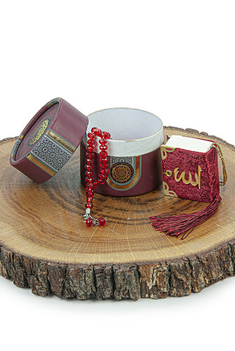 Mini Cylinder Boxed Gift Quran Set with Prayer Beads for Mevlüt Claret Red - 3