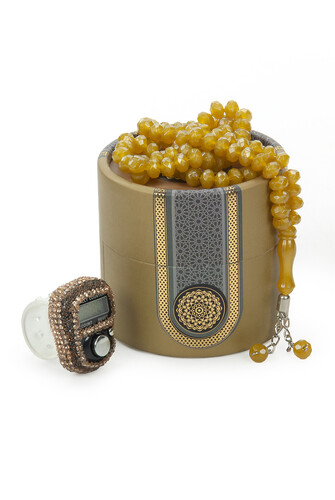 Mini Cylinder Boxed Prayer Beads and Zikirmatik Mevlid Gift Set - Gold - 1