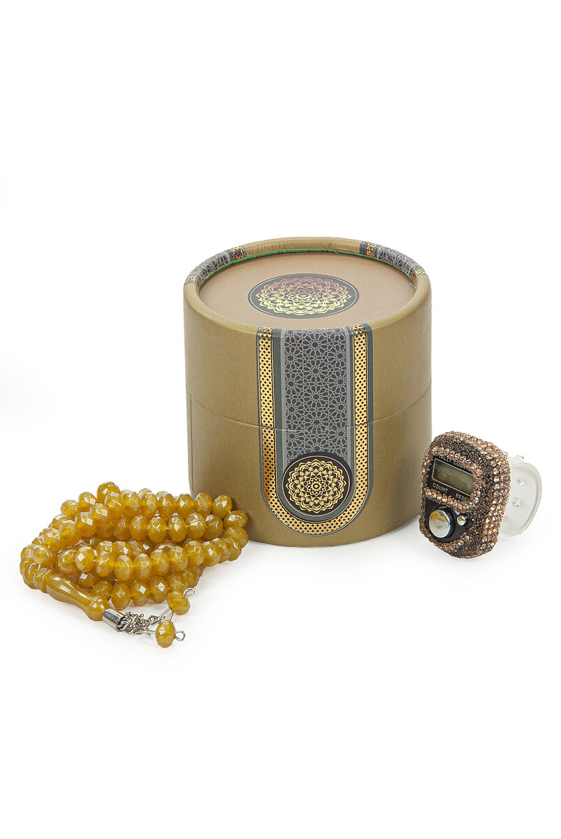 Mini Cylinder Boxed Prayer Beads and Zikirmatik Mevlid Gift Set - Gold - 3