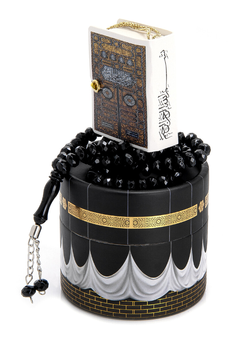 Mini Qur'an and Black Rosary Set with Cylinder Kaaba Box - 2