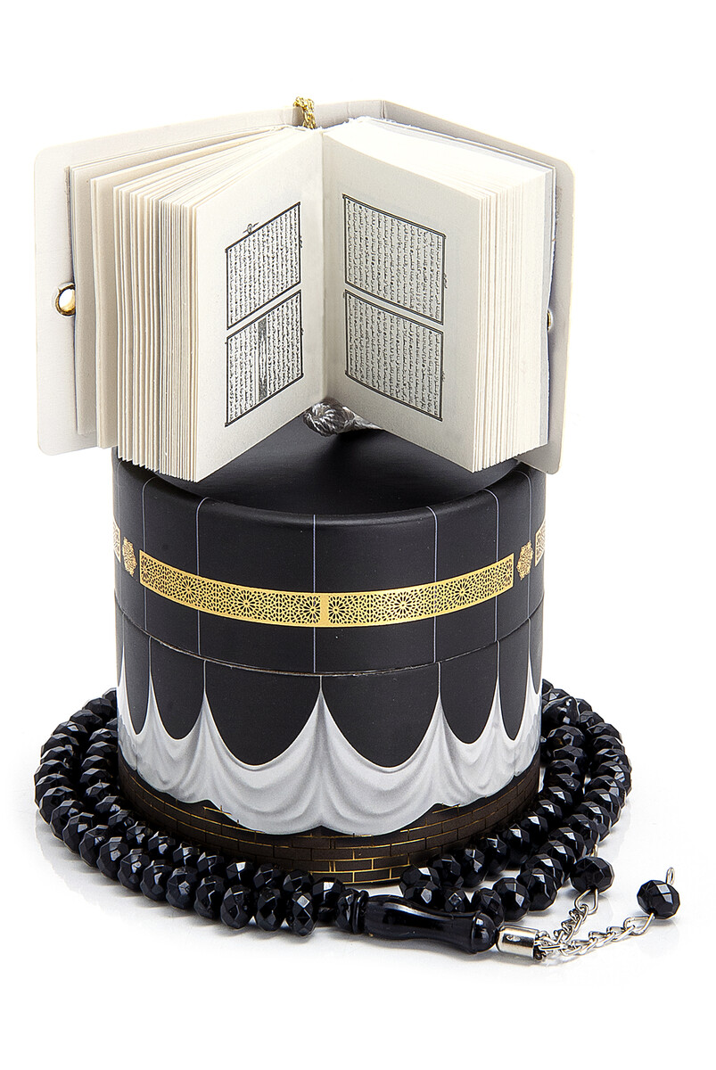 Mini Qur'an and Black Rosary Set with Cylinder Kaaba Box - 5