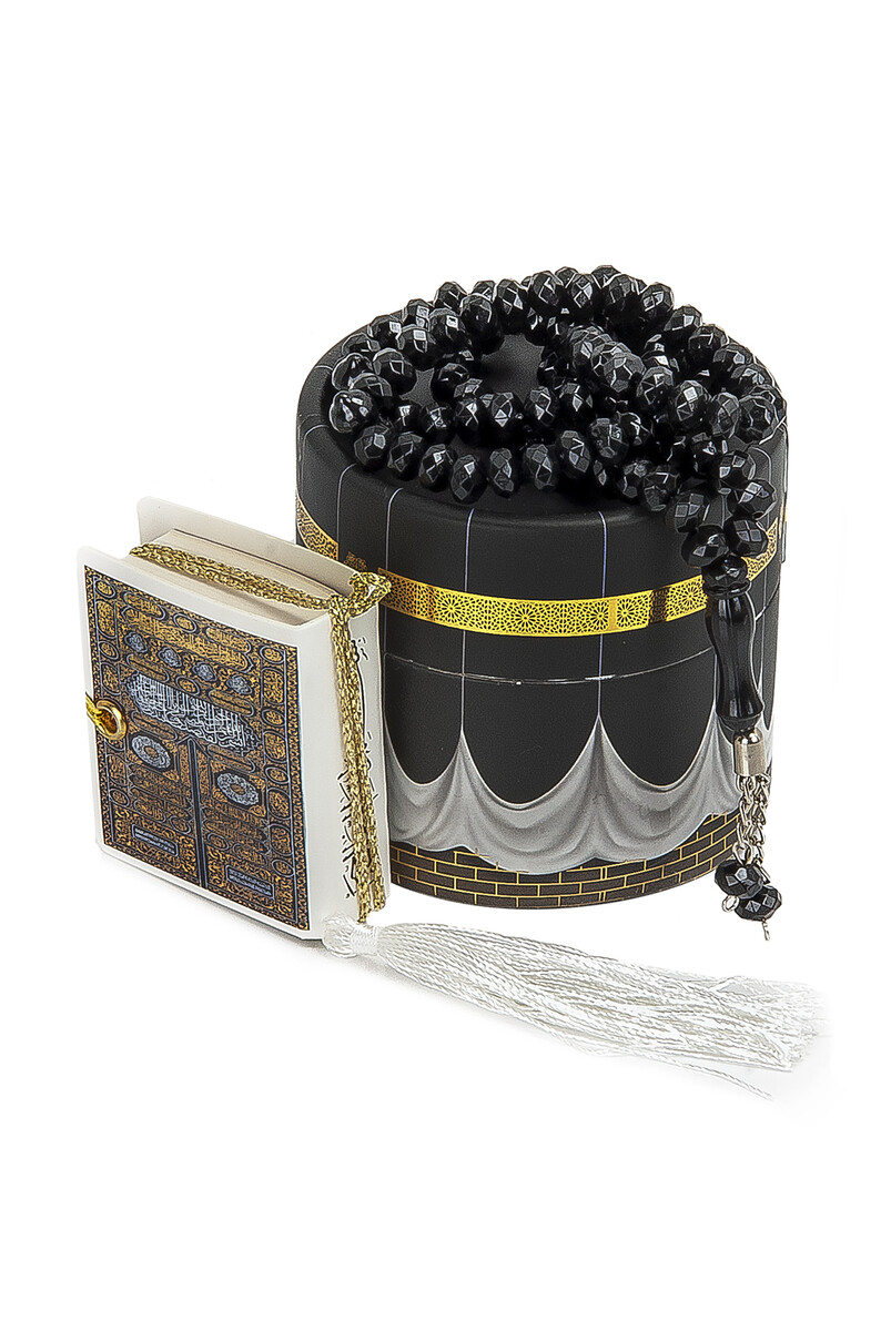 Mini Qur'an and Black Rosary Set with Cylinder Kaaba Box - 1