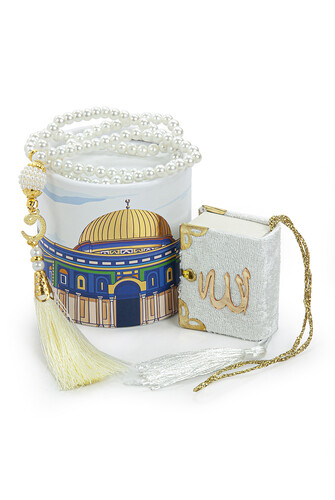 Mini Quran Mevlüt Gift Set with Pearl Prayer Beads and Special Design Cylinder Box - 1