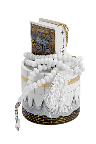 Mini Quran White Rosary Set with Cylinder Kaaba Box - 2