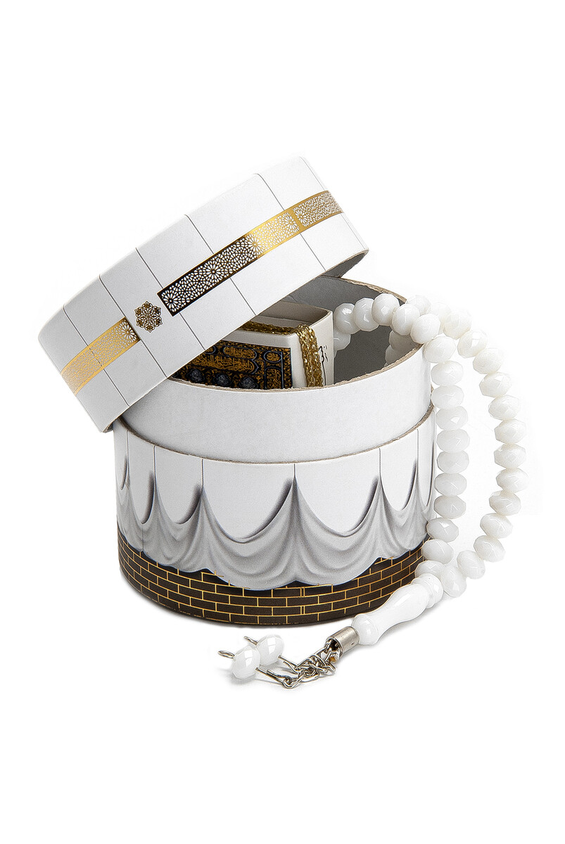 Mini Quran White Rosary Set with Cylinder Kaaba Box - 3