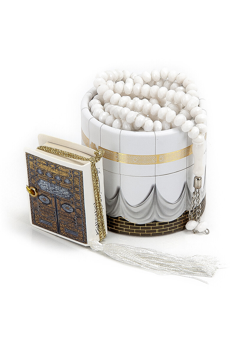 Mini Quran White Rosary Set with Cylinder Kaaba Box - 1