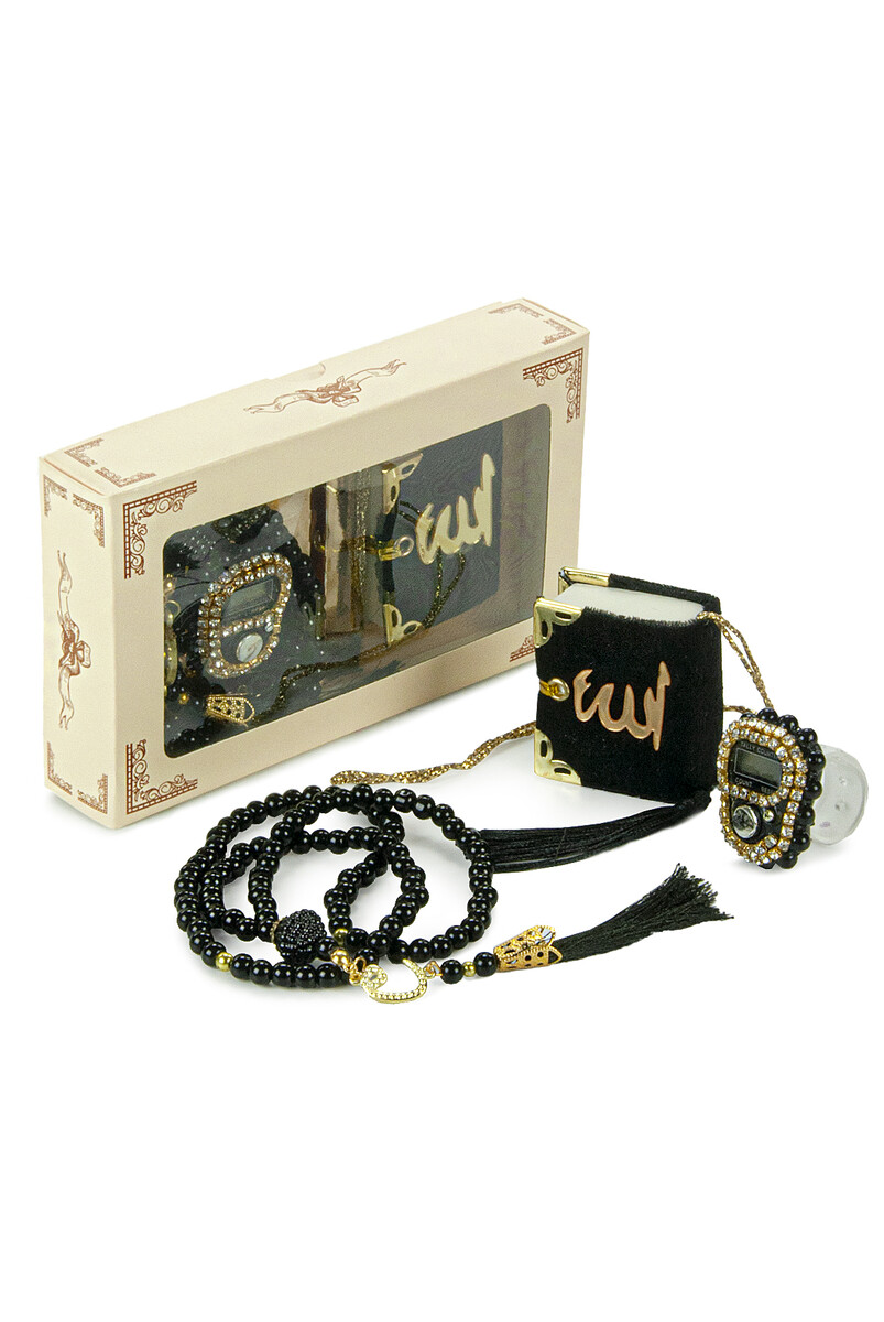 Mini Velvet Quran Set with Stone Zikirmatik and Pearl Rosary Mevlüt Gift - Black - 1