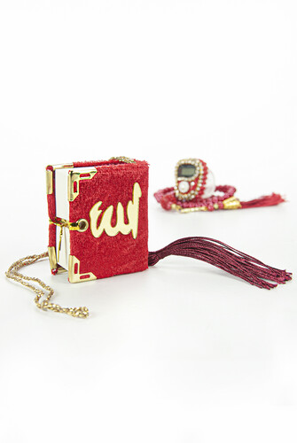 Mini Velvet Quran Set with Stone Zikirmatik and Pearl Rosary Mevlüt Gift - Claret Red - 4