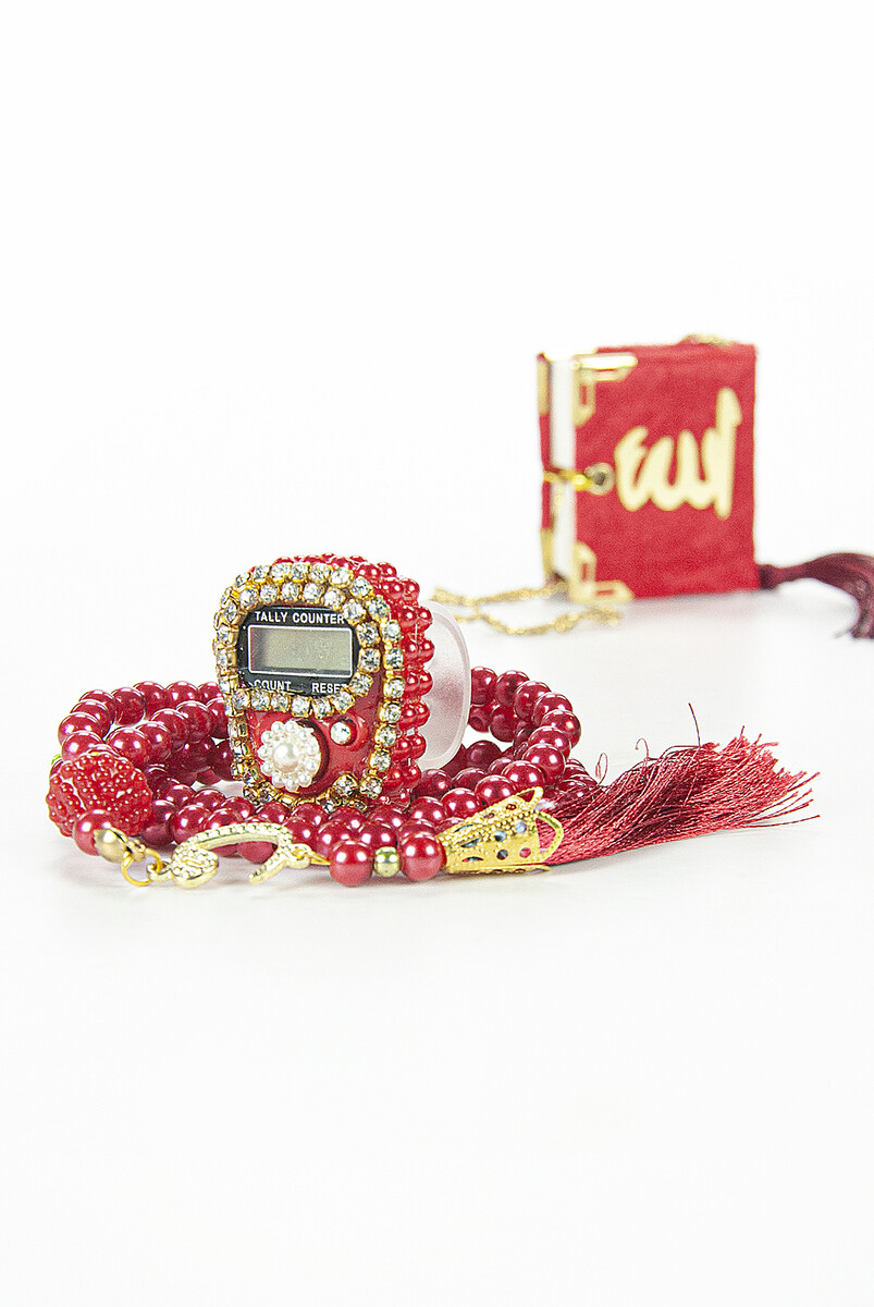 Mini Velvet Quran Set with Stone Zikirmatik and Pearl Rosary Mevlüt Gift - Claret Red - 5