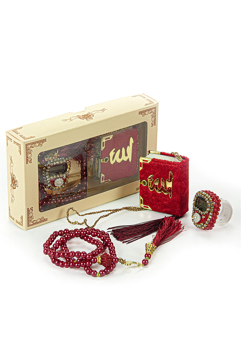 Mini Velvet Quran Set with Stone Zikirmatik and Pearl Rosary Mevlüt Gift - Claret Red - 1