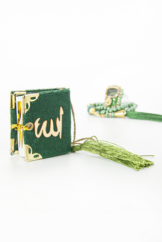 Mini Velvet Quran Set with Stone Zikirmatik and Pearl Rosary Mevlüt Gift - Green - 4