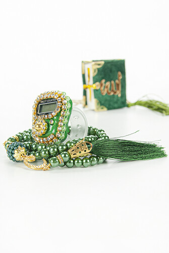 Mini Velvet Quran Set with Stone Zikirmatik and Pearl Rosary Mevlüt Gift - Green - 5