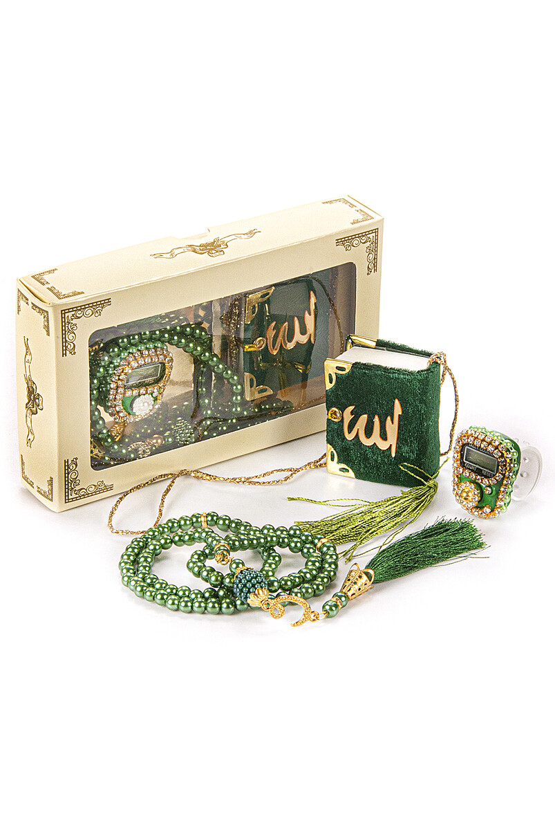 Mini Velvet Quran Set with Stone Zikirmatik and Pearl Rosary Mevlüt Gift - Green - 1