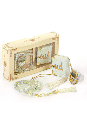 Mini Velvet Quran Set with Stone Zikirmatik and Pearl Rosary Mevlüt Gift - White - 1