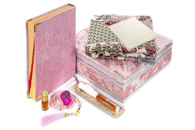 Mother's Day Gift Special Velvet Covered Quran with Chest and Religious Gift Set - Pink - 1