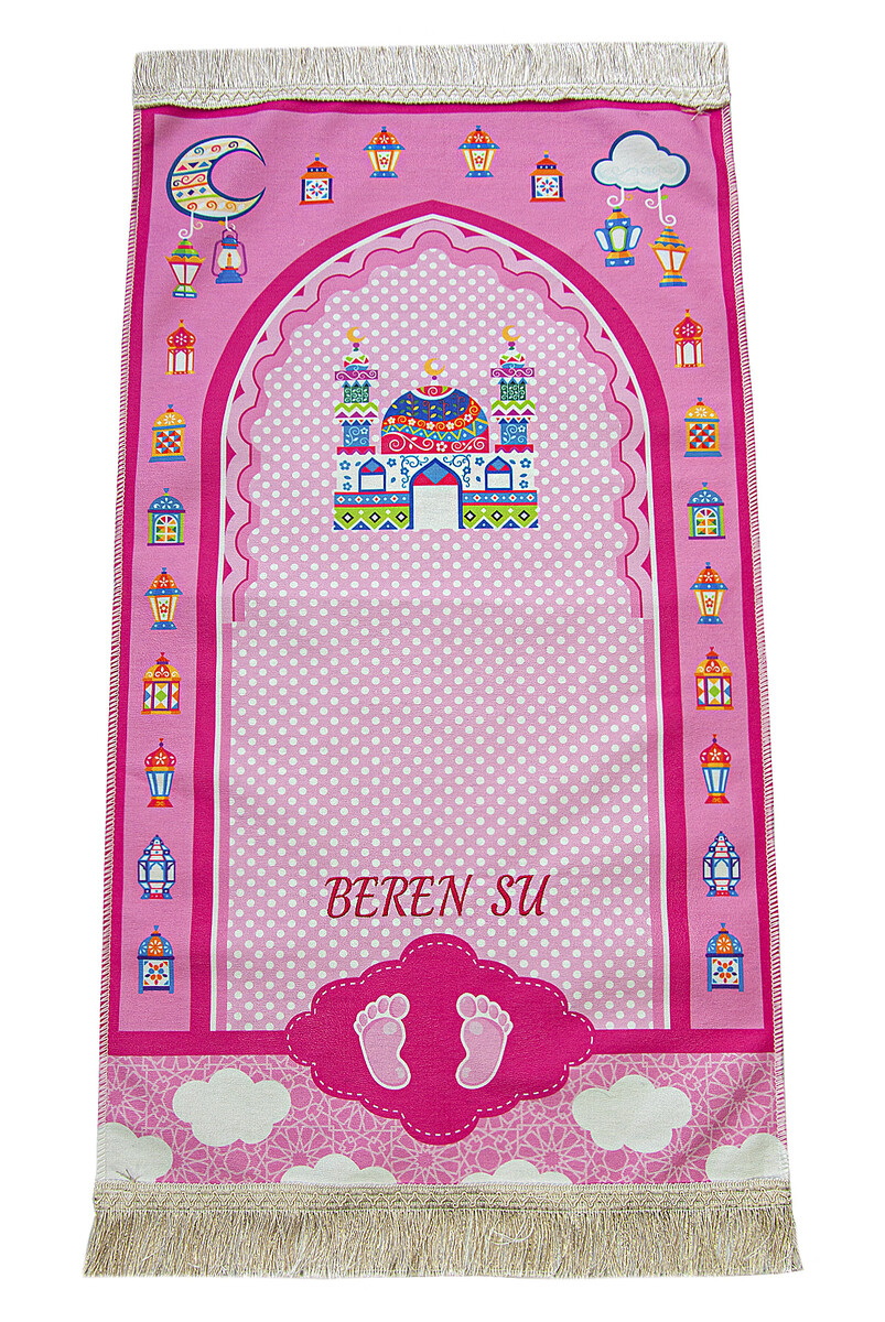 Name-Custom Embroidered Ramadan Themed Children's Prayer Rug Pink - 1