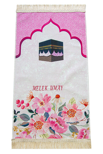 Name-Customized Embroidery Flower Patterned Children's Prayer Rug Pink - 1