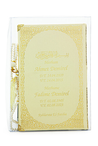 Name Printed Gilded Leather Bound Book of Yasin - Medium Size - Transparent Box - With Pearl Prayer Beads - Cream Color - 1