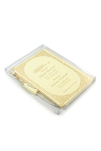 Name Printed Gilded Leather Bound Book of Yasin - Medium Size - Transparent Box - With Pearl Prayer Beads - Cream Color - 2