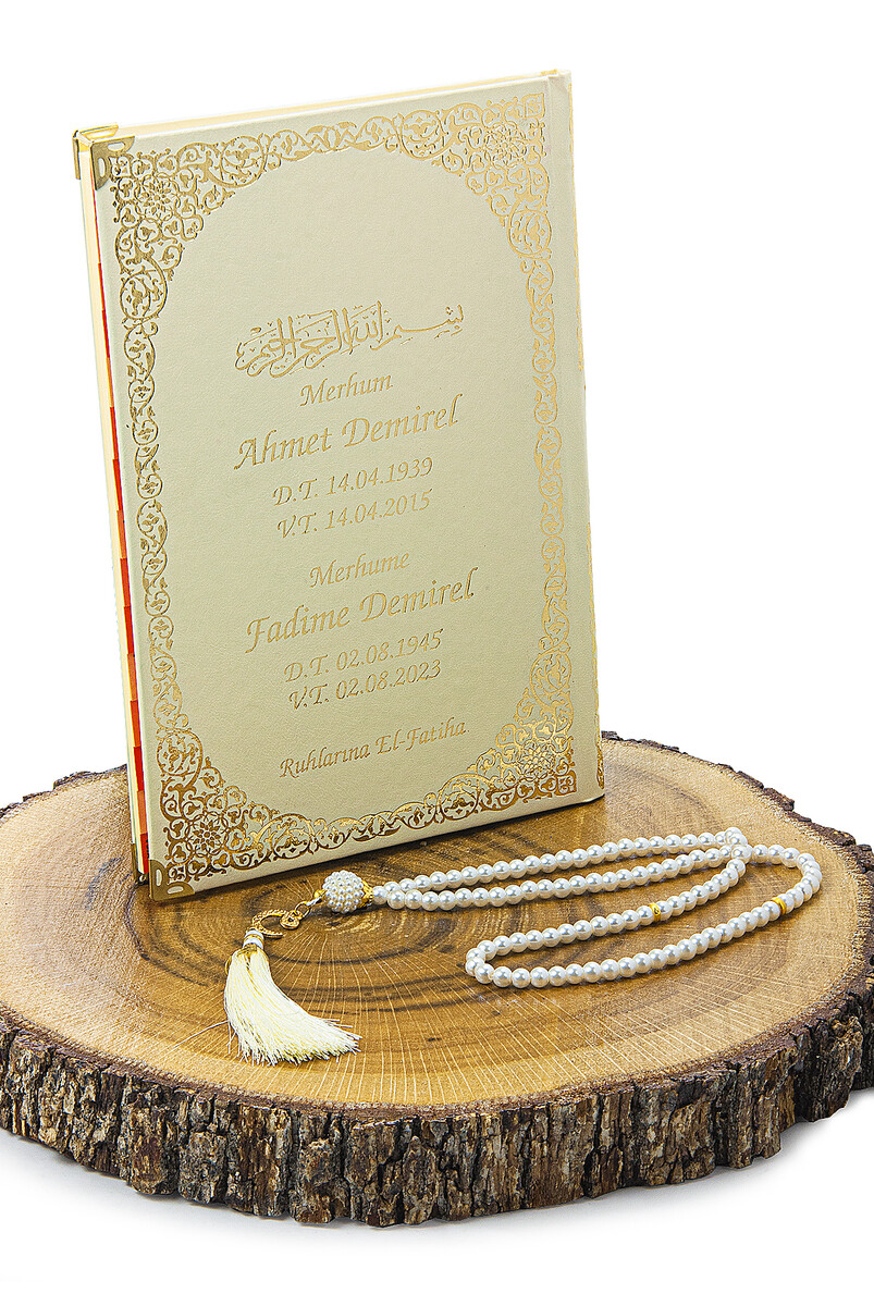 Name Printed Gilded Leather Bound Book of Yasin - Medium Size - Transparent Box - With Pearl Prayer Beads - Cream Color - 3