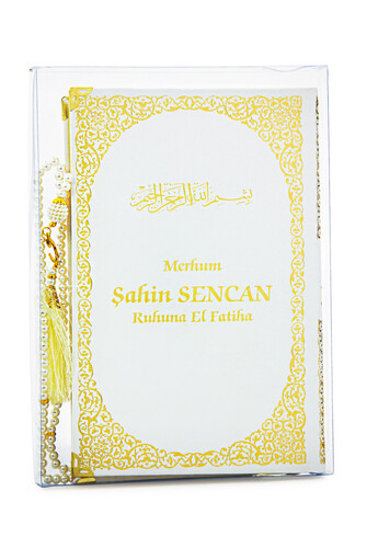 Name Printed Gilded Leather Bound Book of Yasin - Medium Size - Transparent Box - With Pearl Prayer Beads - White Color - 1