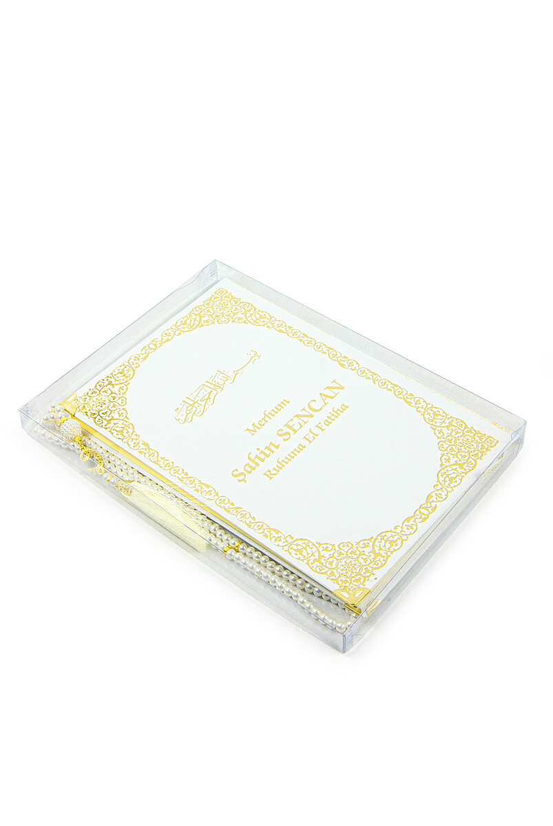 Name Printed Gilded Leather Bound Book of Yasin - Medium Size - Transparent Box - With Pearl Prayer Beads - White Color - 2