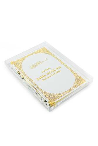 Name Printed Gilded Leather Bound Book of Yasin - Medium Size - Transparent Box - With Prayer Beads - White Color - 2