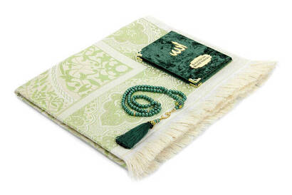 Name Printed Velvet Covered Yasin Prayer Rug Rosary Set With Box Green - 4