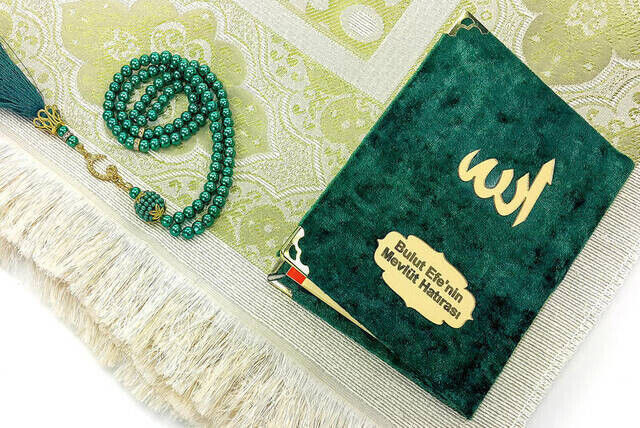 Name Printed Velvet Covered Yasin Prayer Rug Rosary Set With Box Green - 6