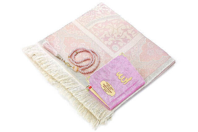 Name Printed Velvet Covered Yasin Prayer Rug Rosary Set With Box Pink - 4