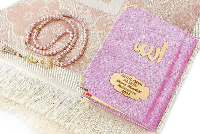 Name Printed Velvet Covered Yasin Prayer Rug Rosary Set With Box Pink - 5